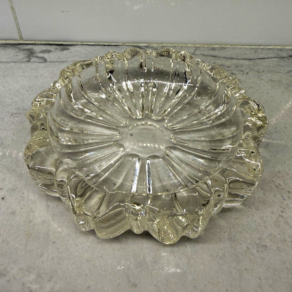 Clear Pressed Glass Round Ashtray Scalloped Edge 4 in Diameter Glossy Finish